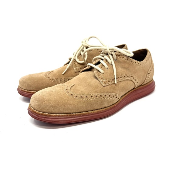 Men's Cole Haan Lunargrand  Suede Tan Beige Wingtip Oxfords Shoes Size 8 - Picture 1 of 8